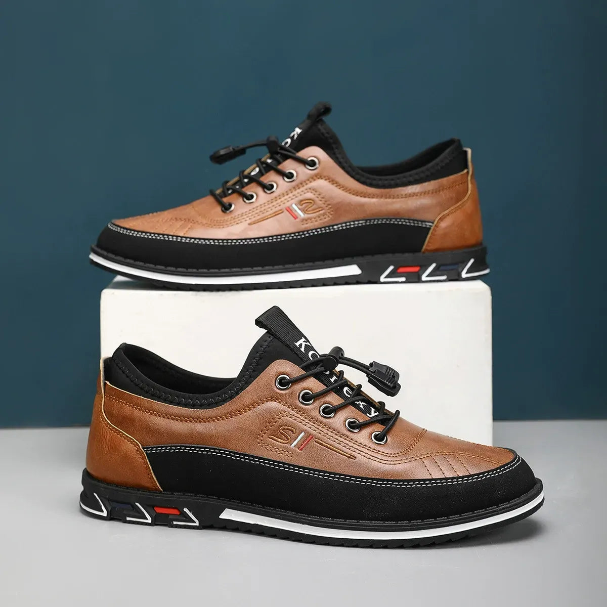 Men's Comfortable Leather Walking Shoes Elastic Quick Lace Up Non-Slip Slip-on Shoes