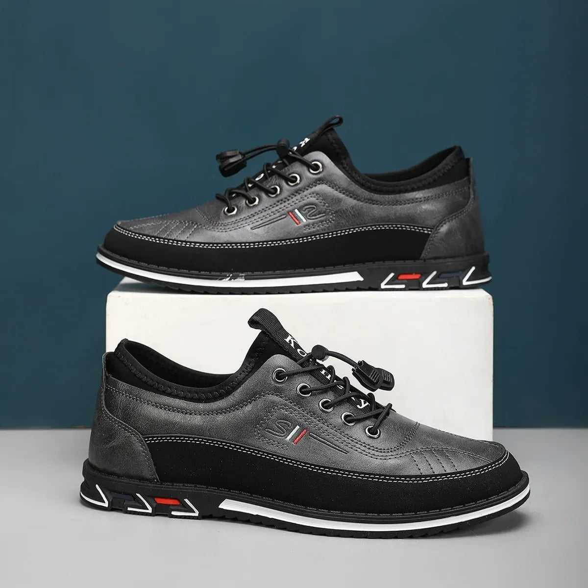 Men's Comfortable Leather Walking Shoes Elastic Quick Lace Up Non-Slip Slip-on Shoes