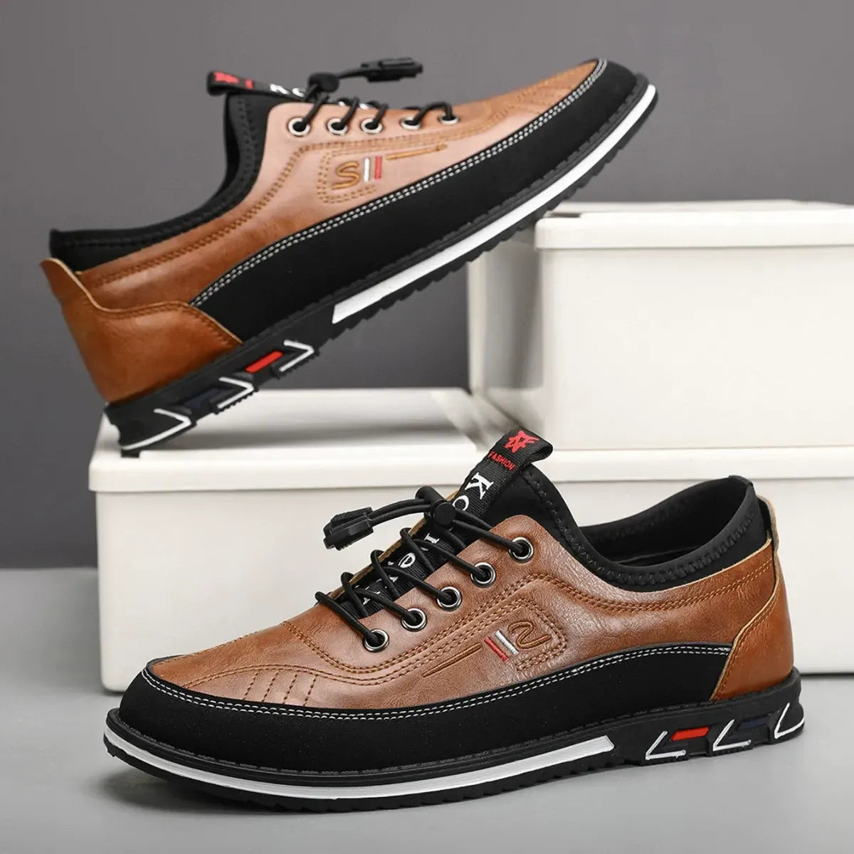 Men's Comfortable Leather Walking Shoes Elastic Quick Lace Up Non-Slip Slip-on Shoes