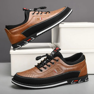 Men's Comfortable Leather Walking Shoes Elastic Quick Lace Up Non-Slip Slip-on Shoes