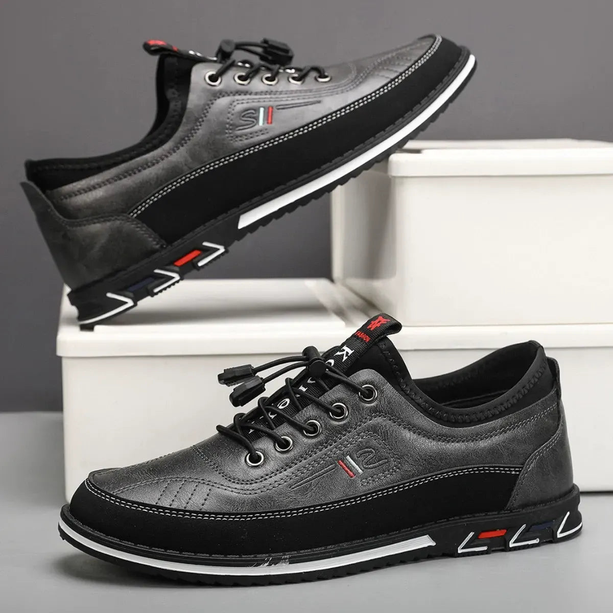Men's Comfortable Leather Walking Shoes Elastic Quick Lace Up Non-Slip Slip-on Shoes