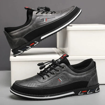 Men's Comfortable Leather Walking Shoes Elastic Quick Lace Up Non-Slip Slip-on Shoes