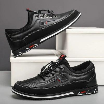 Men's Comfortable Leather Walking Shoes Elastic Quick Lace Up Non-Slip Slip-on Shoes